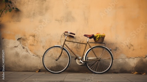 Classic bicycle leaning against a weathered cement sidewalk wall.