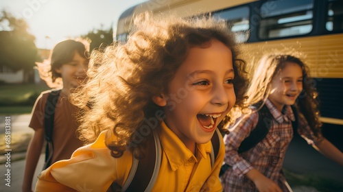 a group of children laughing and walking away from the school bus together, capturing a sense of friendship and joy at the end of the school day. generative AI 