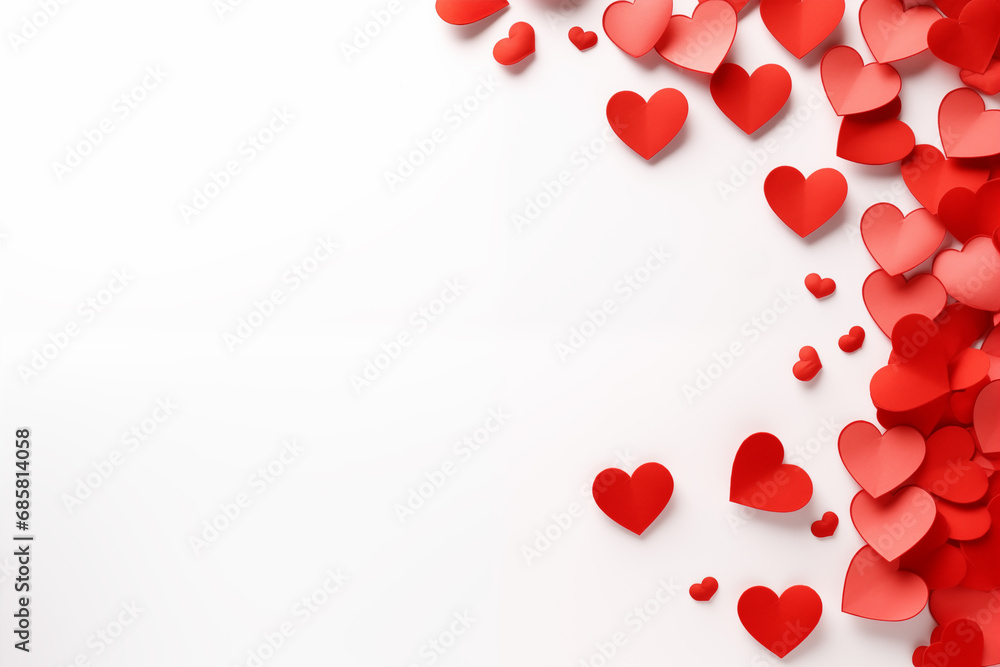 Red hearts on white background with copy space. Valentine's Day card.
