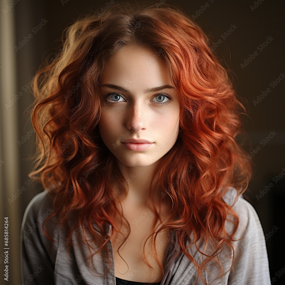 Naklejka premium Beautiful and cute and young woman curly hair Generative AI