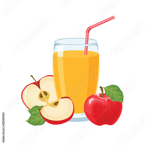 Apple juice in glass isolated on white background. Fresh fruit drink. Vector cartoon illustration.