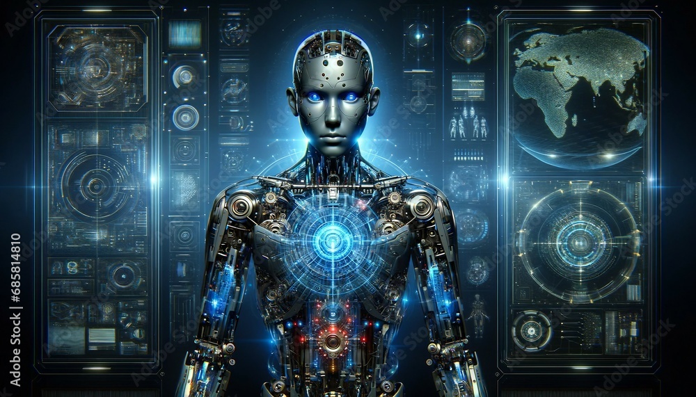 Image of a futuristic humanoid robot with intricate mechanical details, circuits, and components illuminated by ambient blue lighting Image of a futuristic humanoid robot with intricate mechanical details, circuits, and components illuminated by ambient blue lighting