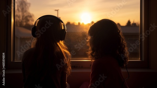 picture from behind two girls looking out of a window