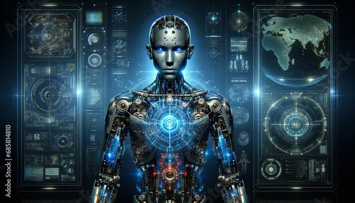 Image of a futuristic humanoid robot with intricate mechanical details, circuits, and components illuminated by ambient blue lighting