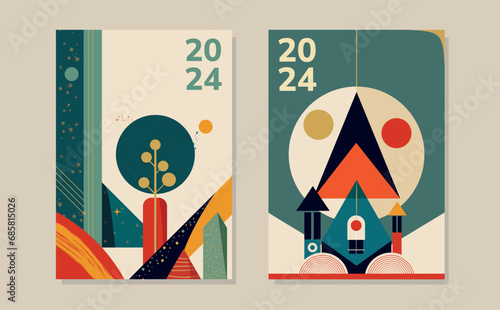 Bauhaus-style cards, brightly colored poster design, vector illustration for post card