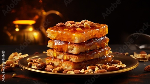 A stack of Sohan Halwa, with its layers and nuts visible, set against a solid golden brown background for a rich and traditional ad.