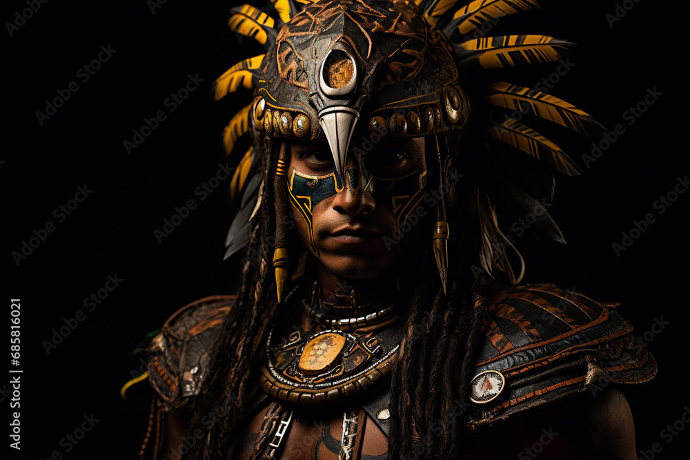 Portrait of person in ornate tribal headdress against dark background