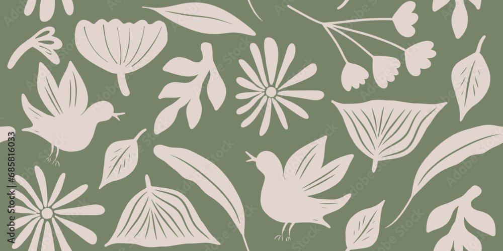 Hand drawn mixed ethno style floral ornament seamless pattern with birds. Abstract trendy print.
