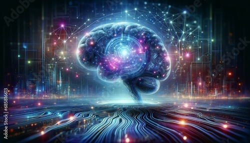 A panoramic image representing artificial intelligence  showcasing a futuristic scene with a holographic brain  intertwined with abstract digital 