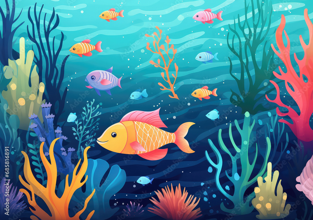 Naklejka premium A captivating underwater scene, teeming with vibrant coral and small fishes in a symphony of beautiful colors, offering a glimpse into the enchanting world beneath the ocean's surface