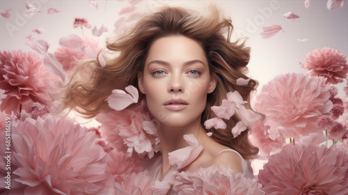 woman in beauty photoshoot floral background