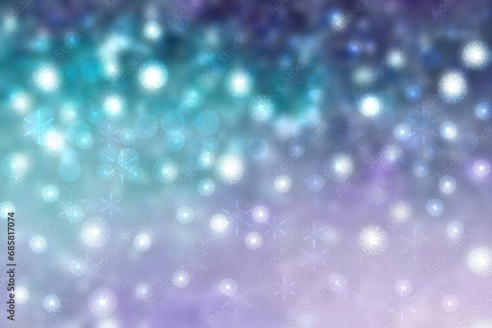 Abstract blurred festive delicate winter christmas or Happy New Year background with shiny blue pink and white bokeh lighted stars. Space for your design. Card concept.