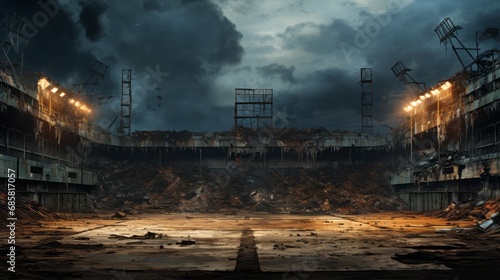 A post-apocalyptic sports arena. Old abandoned stadium. Destroyed sports field. photo