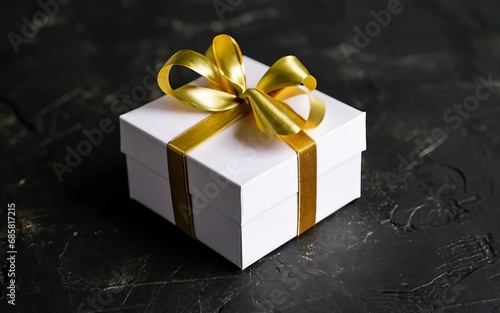 A gift box with a golden ribbon, on a dark surface. 