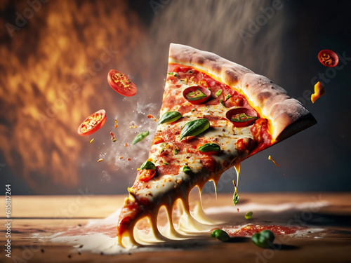 Uma fatia de pizza flutuando com queijo derretendo, tomate e outros ingredientes ao redor. photo