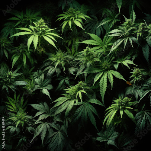 Green cannabis leaves on dark background. Medical marijuana bush