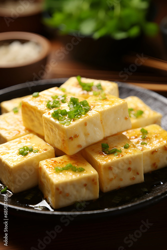 Vegan tofu cheese with sauce and herbs