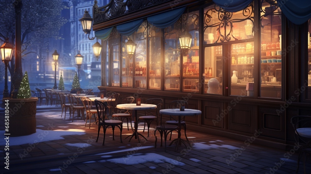A warmly lit cafe with frosted windows, inviting passersby to escape the cold.