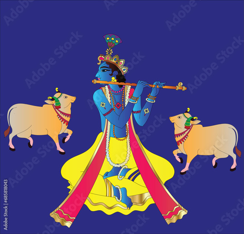 Lord Krishna in Indian mythology. Wall painting in Rajasthan India. Kalamkari. for a coloring book, textile fabric prints, phone case, greeting card. logo, calendar	
