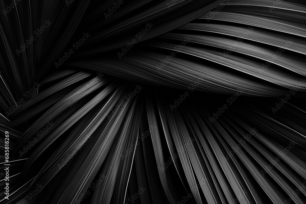 Black textured tropical palm leaves abstract background. Nature texture leaf black and white template. Macro. Dark nature concept - obrazy, fototapety, plakaty 