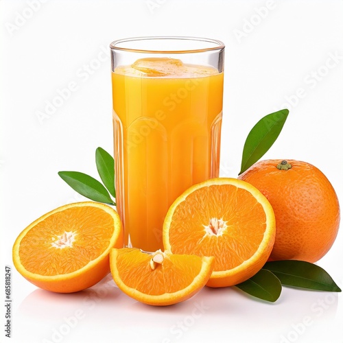 Orange juice in a glass and slices of fruit isolated on a white background.