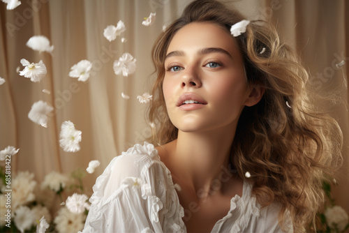 woman in beauty photoshoot  floral background