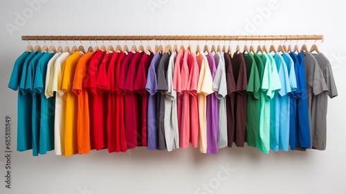 An impeccable photograph capturing the essence of colorful t-shirts on a solid white backdrop, a delightful visual treat.