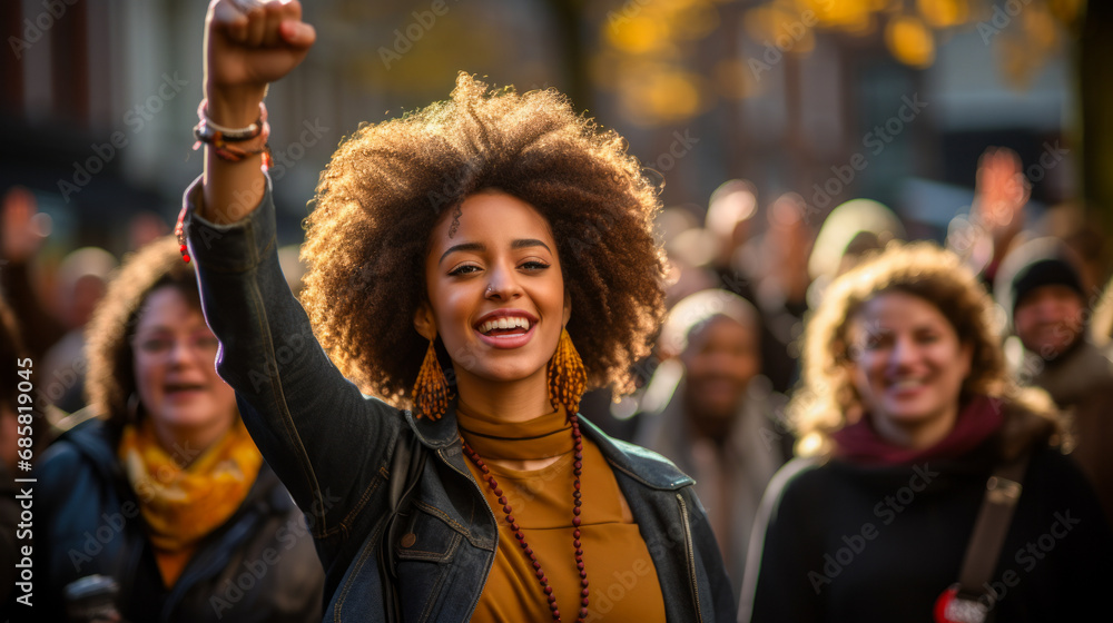 A spirited young African American woman with an afro hairstyle raises her fist in a gesture of solidarity and empowerment at an outdoor rally, surrounded by a diverse crowd.