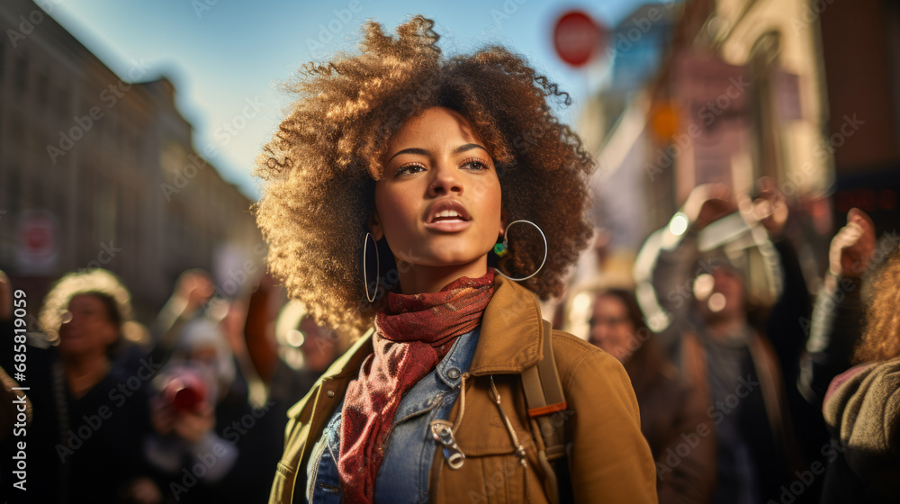 A focused young African American woman with a vibrant afro stands out in a crowd during a protest march, her expression one of determination and strength.