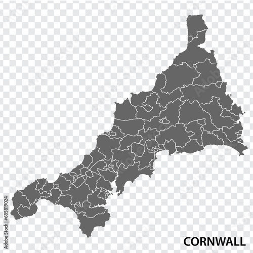 Blank map Cornwall of United Kingdom. High quality map Region Cornwall with municipalities on transparent background for your web site design, logo, app, UI.  EPS10.