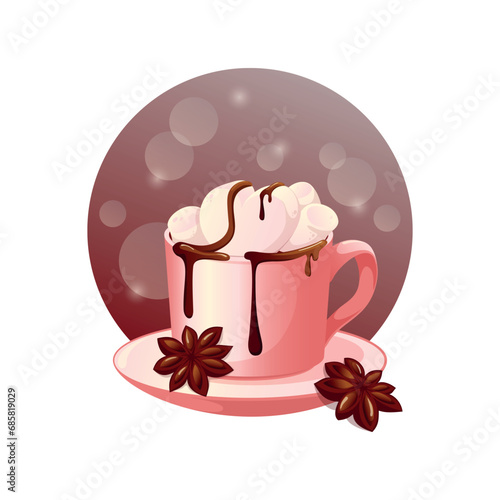 Pink mug of cocoa with marshmallows and chocolate syrup on a saucer with anise stars. Vector illustration, isolated object, sticker, postcard. Theme of comfort, Christmas, warm evenings, hygge