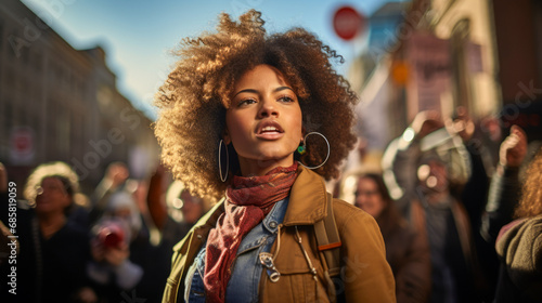 A focused young African American woman with a vibrant afro stands out in a crowd during a protest march, her expression one of determination and strength. © TheCatEmpire Studio