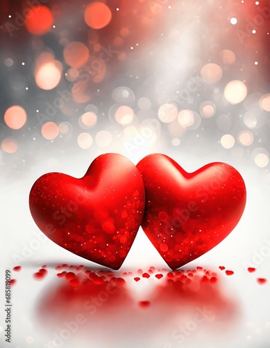 illustrazione di 2 cuori rossi con ombra su sfondo sfocato e bokeh per la festa di San Valentino