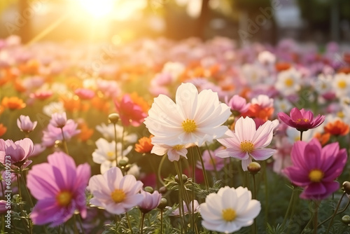 Close-ups of blooming flowers in gardens, symbolizing the beauty and purity of love, with copy space photo