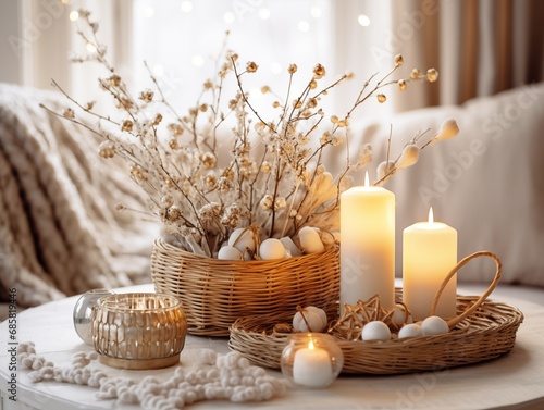 Cozy winter home decor arrangement with burning candles, holiday room interior decorations in white and gold tones