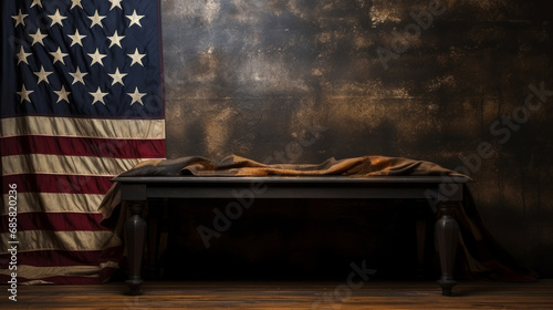 Vintage background with shabby table and American flag. USA Independence Day and Memorial Day. Copy space