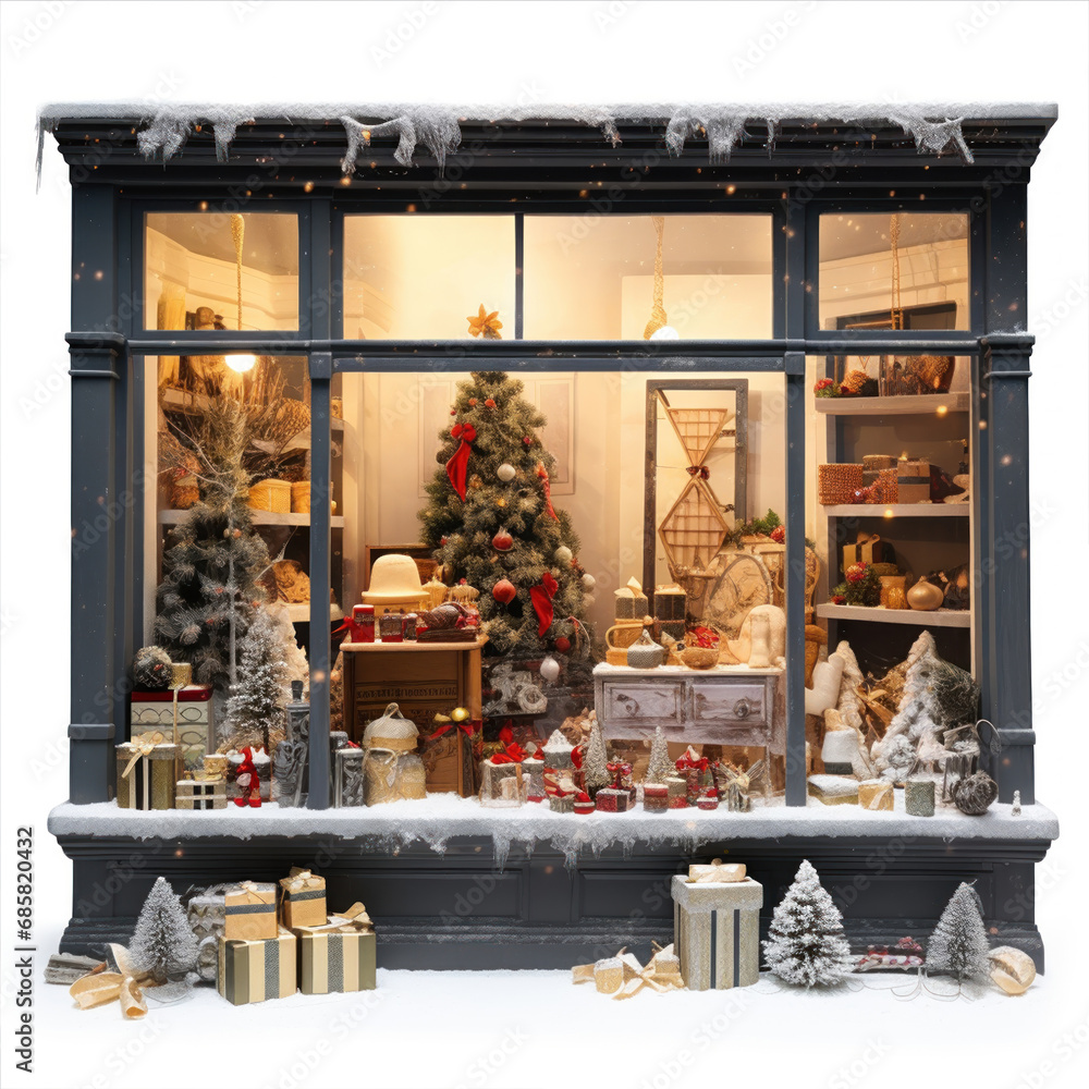 Showcase of shop with Christmas gifts, trees, toys, decorations and garlands