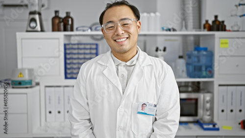 Sparkling smile on a confident young chinese man  a specializing scientist  standing proud in his lab amidst the intricacies of science