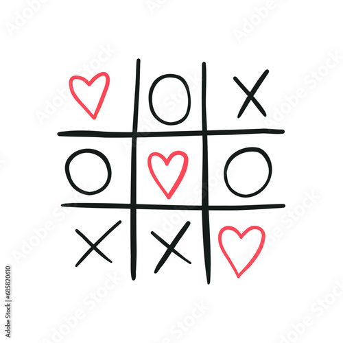 Tic tac toe game with red hearts, hand drawn flat vector illustration isolated on white background. Concepts of love and Valentines day.