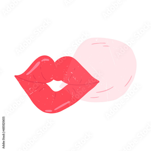 Red lips blowing bubble gum, flat vector illustration isolated on white background. Quirky drawing with grunge texture.