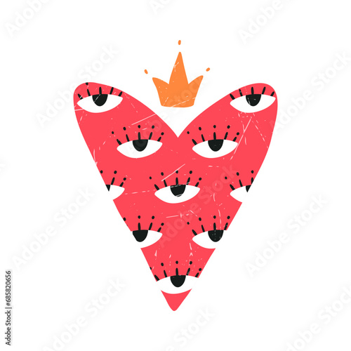 Hand drawn quirky heart with crown and eyes, flat vector illustration isolated on white background. Adorkable Valentines day symbol with grunge texture. Concept of love.