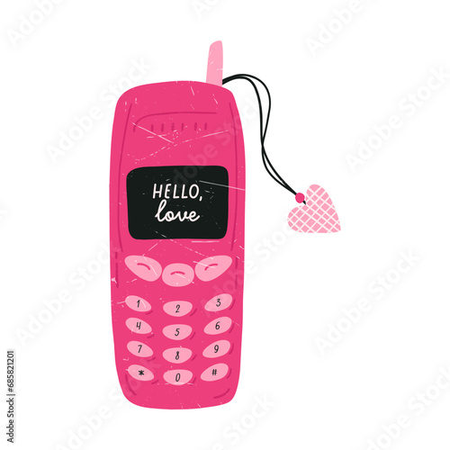 Old button mobile phone, cartoon flat vector illustration with grunge texture, isolated on white background. Retro y2k phone. Pink mobile device, Symbol of love and Valentines day.