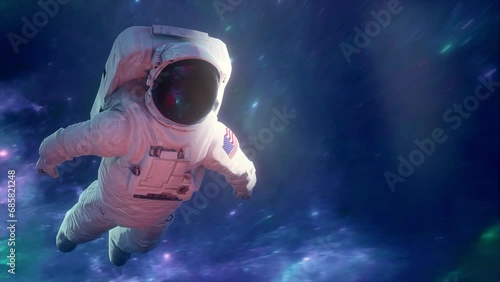 Astronaut Adrift through open space. Starfield exploration themed 3d animation