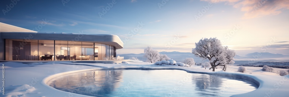 Modern luxury house with large windows, terrace, and outdoor pool, surrounded by a snowy winter landscape at dawn or dusk