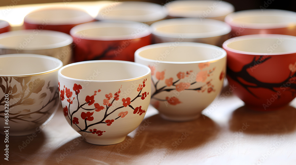 Collection of Decorative Bowls with Floral Designs on Wooden Surface Collection of Decorative Bowls with Floral Designs on Wooden Surface