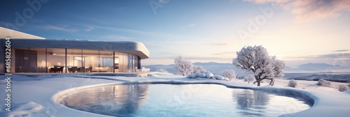 Modern luxury house with large windows, terrace, and outdoor pool, surrounded by a snowy winter landscape at dawn or dusk