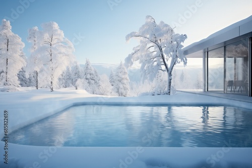 Modern infinity pool overlooking a tranquil snow-covered forest landscape with serene frosty trees and clear blue skies