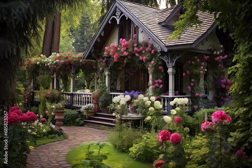 a house in the woods decorated with flowers