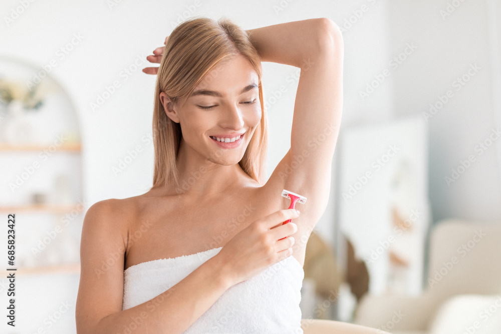 Lady Shaving Armpits Using Safety Razor Removing Hair In Bathroom Lady Shaving Armpits Using Safety Razor Removing Hair In Bathroom
