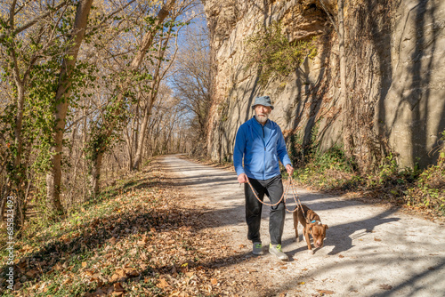 senior man is walking with a pitbull dog on Katy Trail near Rocheport, Missouri, late November forest scenery photo